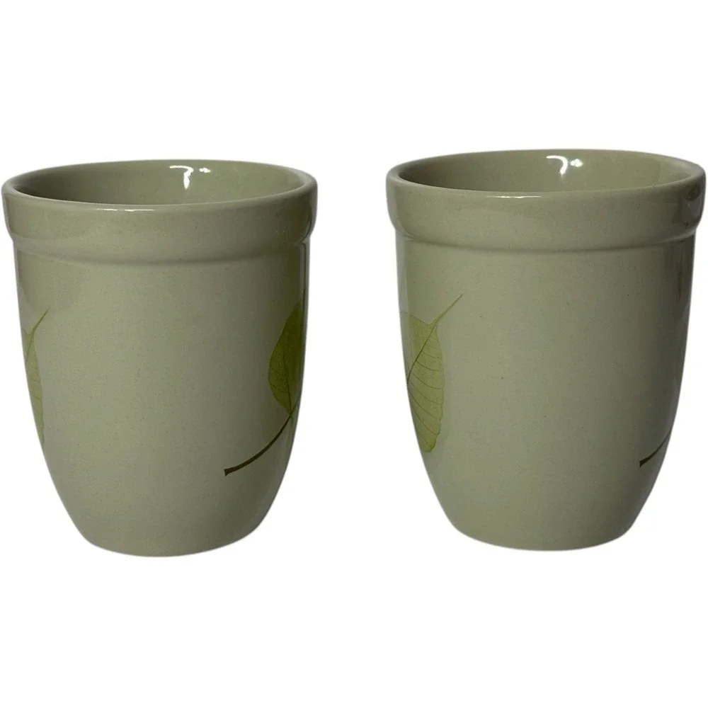Pier 1 Aspen Mug Green‎ Leaf Stoneware Coffee Tea Set of 2